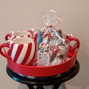 Red and White Striped Mugs with Tray